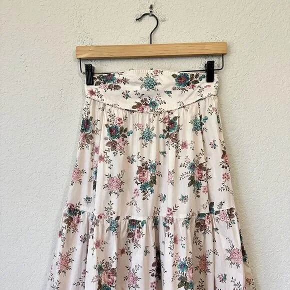 ANNA MASON Maxi Skirt Beige Floral Tiered Flare Cotton Peasant Fairy - Picture 3 of 11